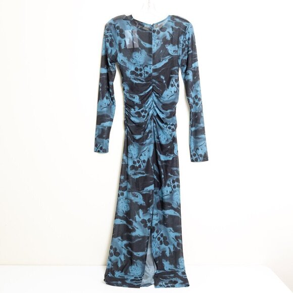 GANNI Blue Printed Mesh O-neck Ruched Long Dress Floral Size 36 - Picture 5 of 14